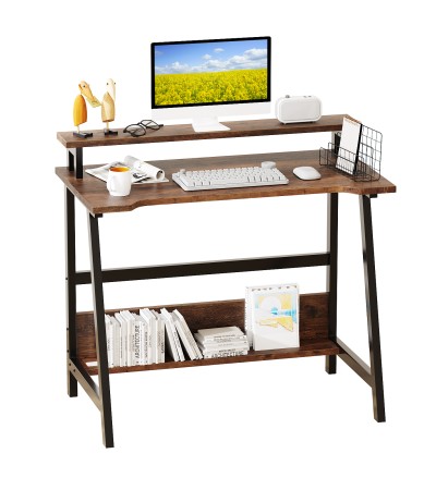 31.5 Inch computer Desk, a multi - functional writing desk with a monitor stand and bookshelf, Ideal for small apartments and home offices - Brown