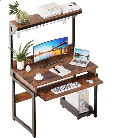 Computer Desk with Hutch and Storage Shelves，31.5 Inch Desk with Keyboard Tray and Metal Mesh Panel, Small Study Writing Workstation Bookshelf for Home Office - Brown