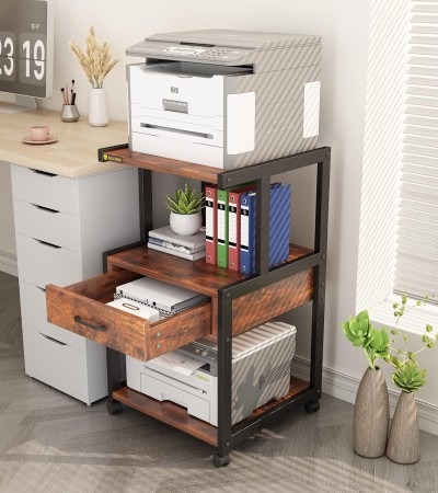 Mobile Printer Stand 3-Tier Printer Cart Under Desk with Storage Rolling Filing Cabinet Printer Cart with Drawer for Kitchen - Brown