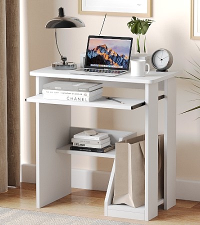 Home Office Computer Desk with Monitor Stand Keyboard Tray, 29.5 Inch Study Writing Desk Small PC Laptop Table with Storage Shelves, Modern Workstation for Small Spaces Save Space - White