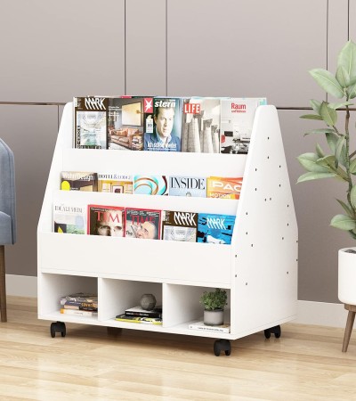 Double Sided Mobile Bookcase Display Stand,4-Shelf Wood Open Book Shelf with 3 Cube Units, Sling Storage Bookshelf Wide Magazine Shelf for Offices, Library,Schools - White