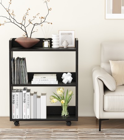 3 Tier Nightstand with Wheels, Wood Small Bookshelf and Bookcase, Farmhouse Bedside End Table with Storage Rack for Bedroom, Library, Living Room, Home, Office Cart - Black