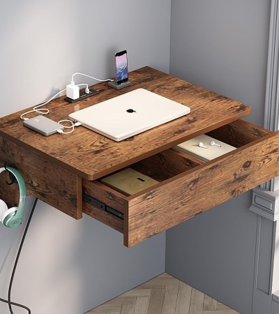  Wall-mounted desk, a multi-functional workstation with drawers, power sockets, USB ports and headphone hooks, the best choice for small spaces - Brown