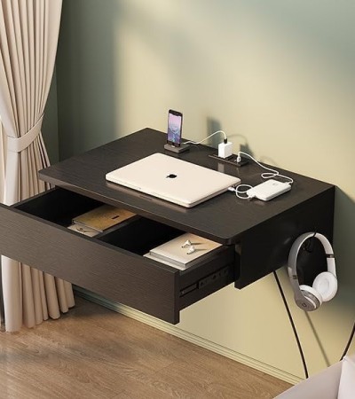  Wall-mounted desk, a multi-functional workstation with drawers, power sockets, USB ports and headphone hooks, the best choice for small spaces - Black