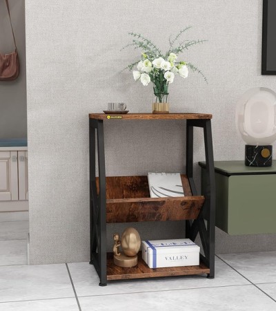 Side Table with Magazine Holder, 3 Tier Narrow End Table with Storage Shelf, Industrial Slim Nightstand for Small Spaces, Vintage Small Nightstand, Narrow Small End Tables Living Room