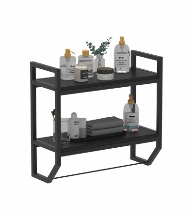 2-Tier Industrial Bathroom Shelves with Towel Bar, Over The Toilet Shelf Wall Mounted with Metal Frame, Wall Storage Organizer Shelf for Bathroom, Living Room, Kitchen - Black