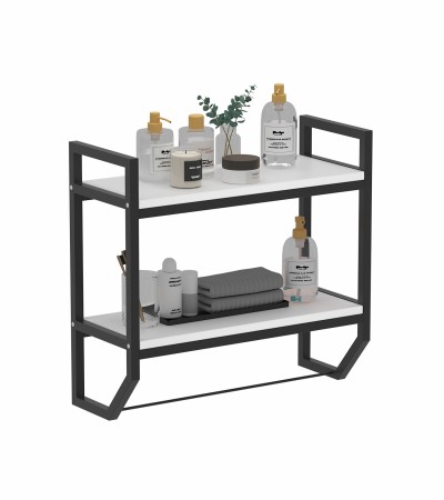 2-Tier Industrial Bathroom Shelves with Towel Bar, Over The Toilet Shelf Wall Mounted with Metal Frame, Wall Storage Organizer Shelf for Bathroom, Living Room, Kitchen - White