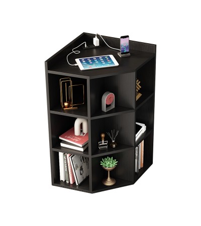  Multifunctional Corner Cabinet, Wooden Cubby Corner Bookshelf with 9 Cubes and USB Ports and Outlets, Ideal for Small Space - Black