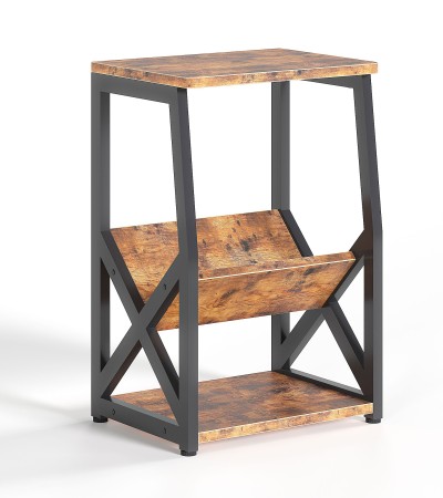 Industrial-style shelf, three-tier decorative side table with a magazine rack shelf board and a metal frame