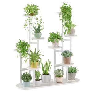 Outdoor Rustic Teak & Wrought Iron Multi-Tier Plant Stand Balcony Patio Space-Saving Shelf for Hanging Ferns, Ivy, Potted Herbs - Weatherproof Vertical Garden Rack with Adjustable Shelve