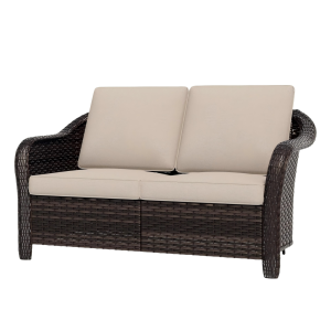 55 inch Outdoor Wicker 2 Seater Sofa, All-Weather Use Patio Rattan Loveseat with Seat and Back Cushion, Ideal for Porch, Backyard, Balcony, Poolside, Beige