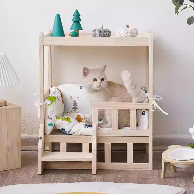 Wood Double-Layer Enclosed Cat Bed for Small Dogs – All-Season Cozy Hideout with Summer Cooling