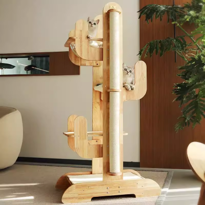Cactus-Shaped Solid Wood Cat Tree with Scratching Post & Integrated Cat Nest - Large Vertical Climbing Tower for Cats
