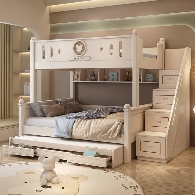Creamy Modern Minimalist Kids Bunk Bed | Double-Deck Parent-Child Design | Perfect for Small Apartments