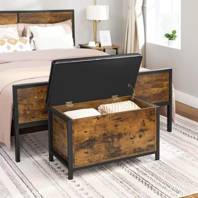 Padded Seat Bed End Stool Hallway Bedroom Metal Easy Assembly Industrial Design Black Synthetic Leather Storage Chest