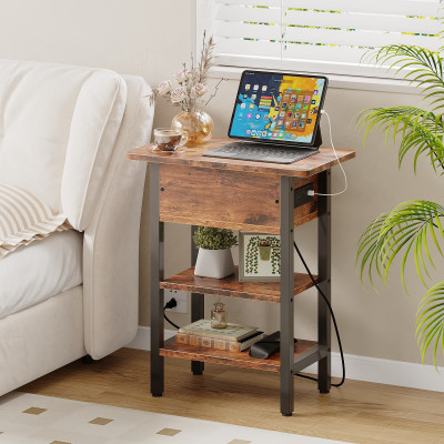 End Table with Charging Station, Flip Top Side Table with USB Ports and Outlets, 3-Tier Small Side Table with Storage for Small Space, End Tables for Living Room/Bedroom, Brown