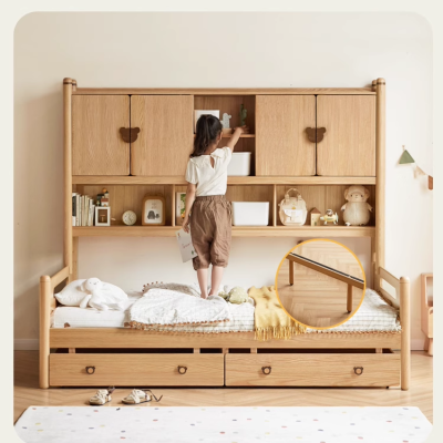 Solid wood bed modern bedroom bookcase integrated small size children's bed home with drawer oak storage bed