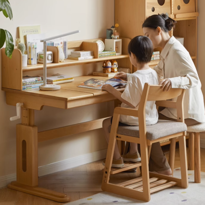 Solid wood children's study table European beech wood desk bookshelf integrated home student hand-cranked lifting writing desk