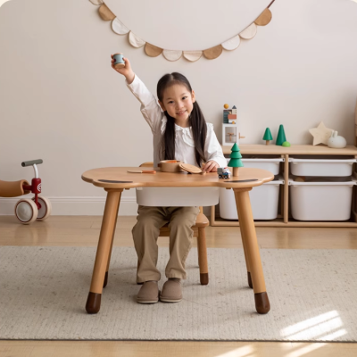 Children's solid wood handmade table home liftable baby game toy table cute bear study table
