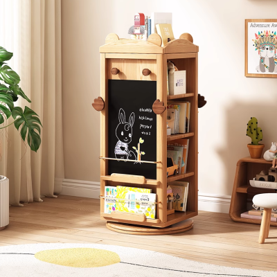 4-layer cartoon children's student floor-standing revolving bookcase, solid wood multifunctional storage picture book rack, toy cabinet