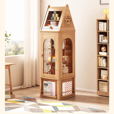 Children's display bookcase, solid wood rotating bookshelf, corner storage cabinet for figurines, storage bookcase