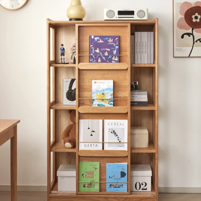 Children's bookshelf pure log floor-standing bookcase against the wall multi-layer storage rack sliding door can be customized
