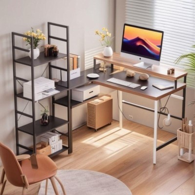Gaming Table with LED Light and Power Socket with Storage Shelf Writing Desk Double Corner Computer Table with Display