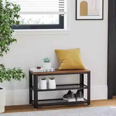 Steel Frame Shoe Storage Bench,Shelves Seat Entryway Living Room Hallway Accent Furniture 